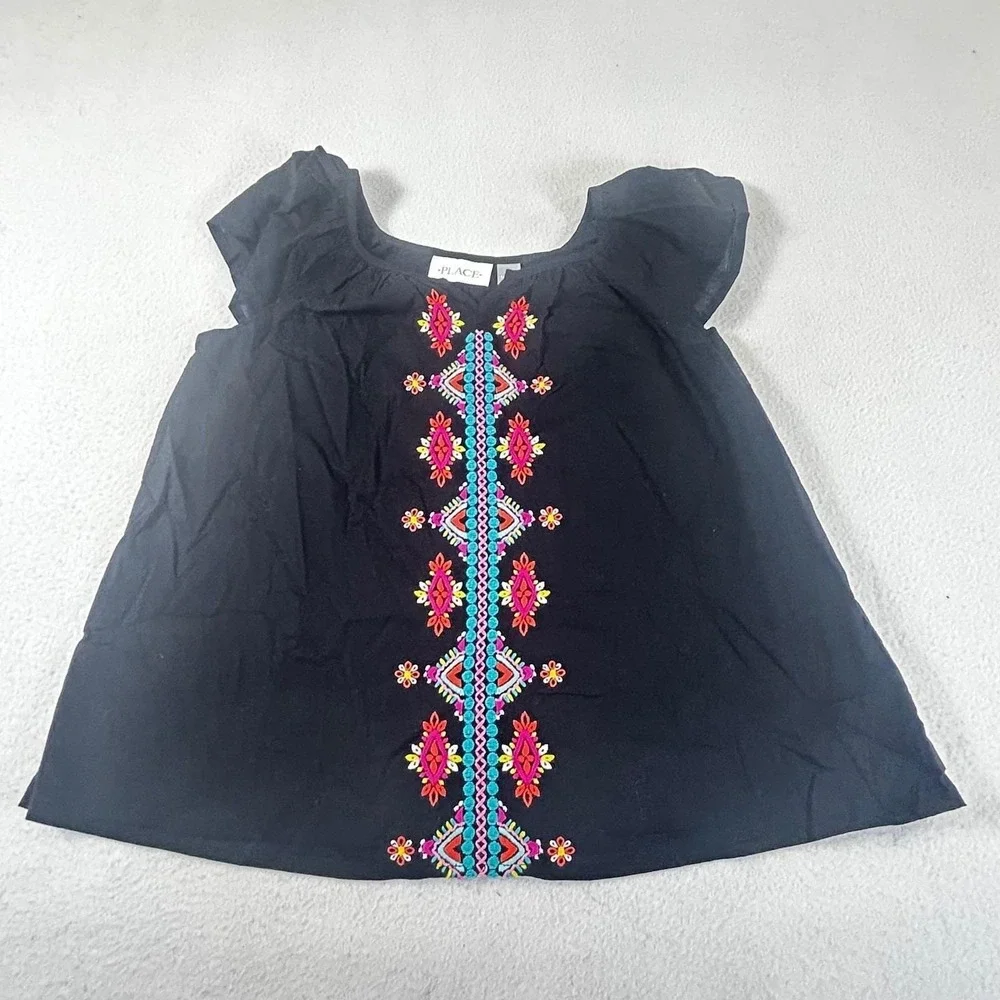 The Children's Place Embroidered Top Girls M 7/8 Black Boho Summer Blouse